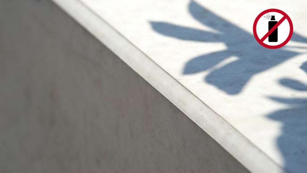 Betonkante mit Schatten von Blättern, Icon durchgestrichene Sprühdose